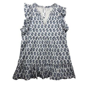 Crown & Ivy Womens 4X Blue White Paisley Ruffle Sleeve Tiered Cotton Dress